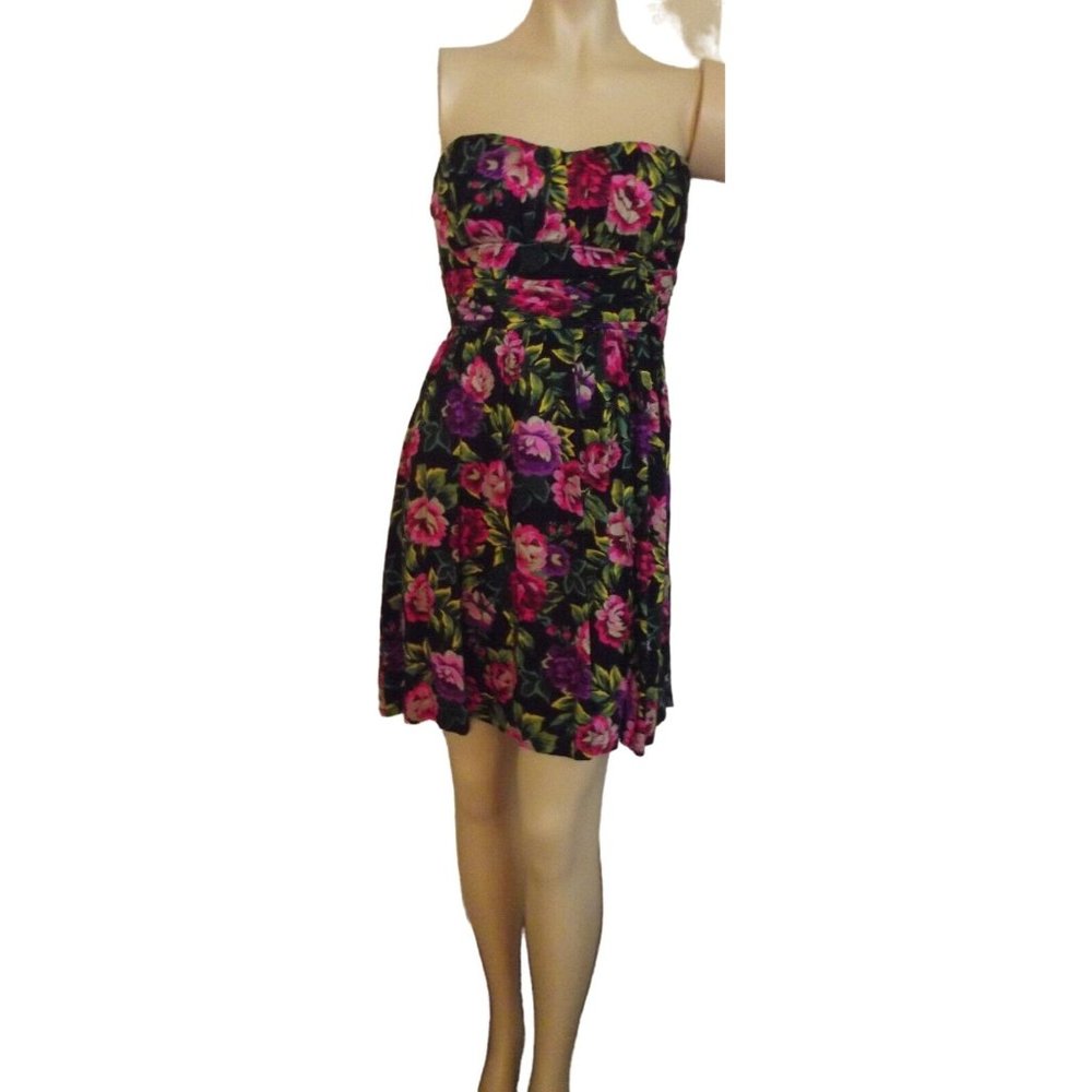 LaBelle Junior Size 5 Black & Pink Floral Strapless Ruched Dress small
